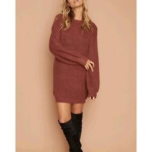 MINKPINK Mulberry Brown One Sided Jumper Long Sleeve Ribbed Knit Sweater Dress